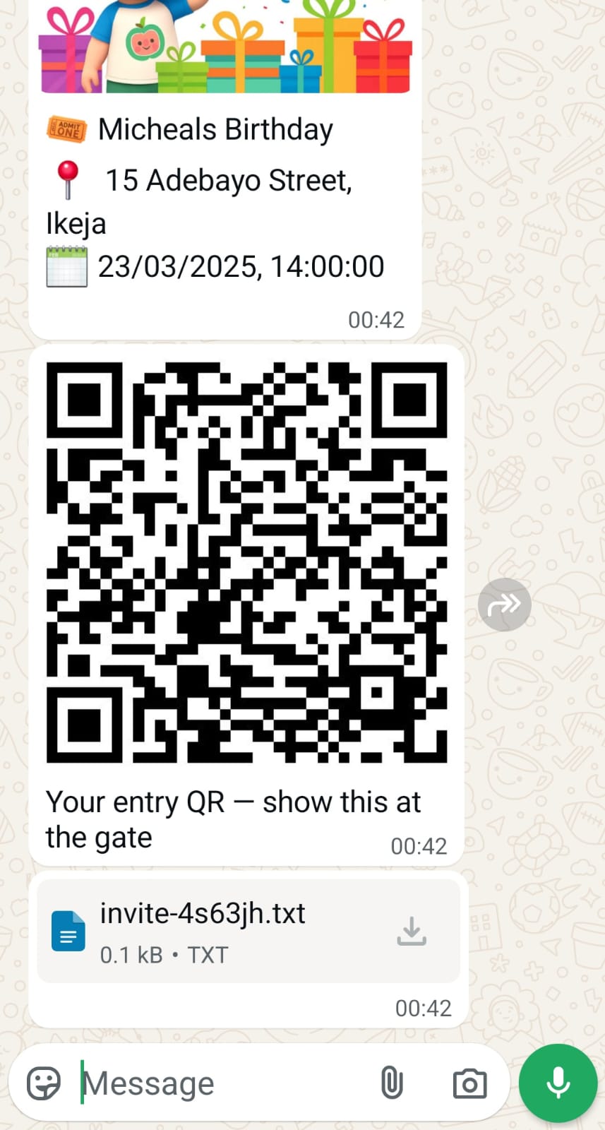InvitesPro in WhatsApp: QR pass and entry instructions